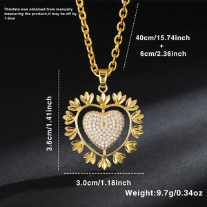 Gold-plated heart pendant necklace with shiny cubic zirconia and size specifications