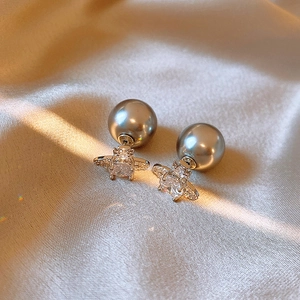 Detailed view of grey pearl Saturn earrings with sparkling crystals and silver finish