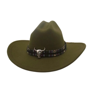 Detail of army green wool fedora with ethnic woven band and silver bull head emblem