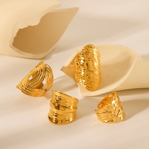 Textured Stainless Steel Ring Gold Plated Hammered Wavy Geometric Adjustable Open Jewelry Waterproof Hypoallergenic For Women