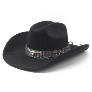 Western Cowboy Hat Suede Polyester Wide Brim Vintage Metal Bull Head Studded Hatband Retro Ethnic Style Men Women
