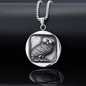 Macro shot of silver vintage owl relief pendant on a reflective black background