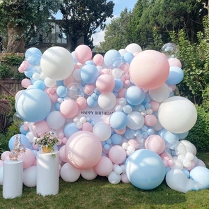 Pink and blue macaron balloon arch set with a Happy Birthday background on a lawn