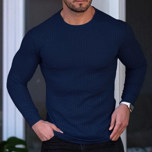 Men's slim fit navy blue long sleeve t-shirt in textured vertical ribbed cotton fabric