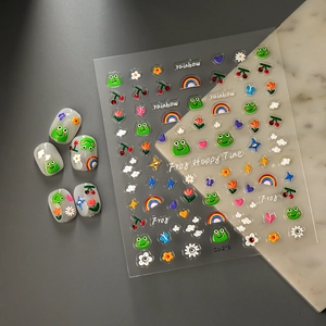 3D embossed nail stickers featuring cute green frogs, rainbows and cherry patterns