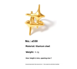 Detailed view of an 18k gold plated titanium star ring with size and weight metrics