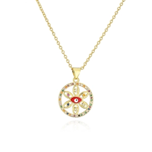 Bohemian 18K gold plated evil eye necklace with red zircon and colorful gems on white background