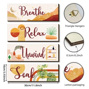 Set of 4 Bohemian wood bathroom signs featuring Breathe Relax Unwind Soak text and mountain art