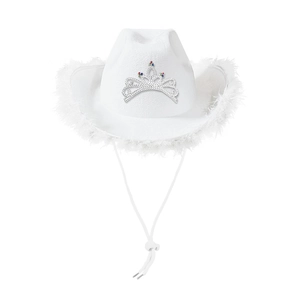White party cowboy hat with silver tiara and feather trim on a clean white background