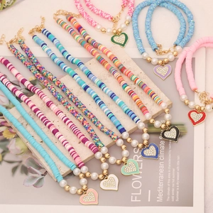 Bohemian Beaded Necklace Polymer Clay Faux Artificial Pearl Enamel Rhinestone Heart Pendant Summer Beach Jewelry For Women