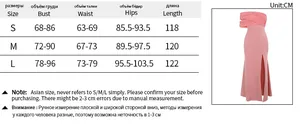 Detailed size chart for pink off-shoulder mesh split dress with measurements in centimeters