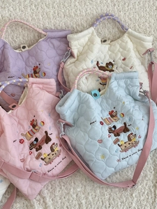 Cute cartoon puppy embroidered quilted tote bags in four pastel colors with heart patterns