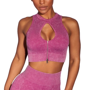 Washed rose red ribbed yoga vest with teardrop cutout and metal zipper detail