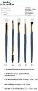 Detailed view of 5-piece blue eye makeup brush set showing specific length measurements