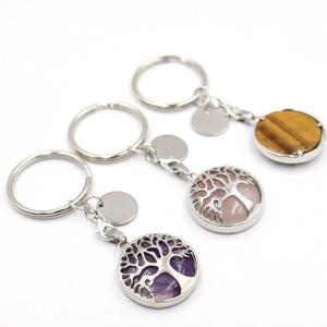 Tree of Life Tree natural stone keychains with amethyst pink crystal and tiger eye stone