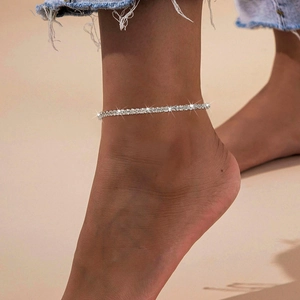 Sparkling silver rhinestone anklet for women with minimalist thin chain on ankle