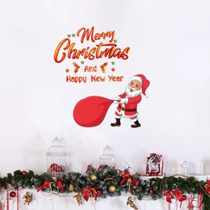 Festive Santa Claus wall sticker with Merry Christmas text for holiday home decoration