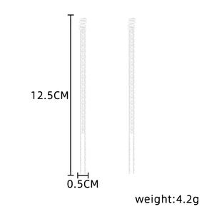 Size specifications of silver tassel earrings showing 12.5cm height and 0.5cm width