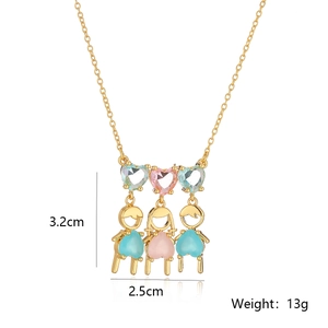 Detail view of gold-plated family necklace with zircon hearts and child figures
