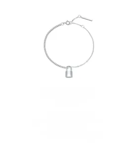 Detailed view of S925 sterling silver chain bracelet with polished lock pendant detail