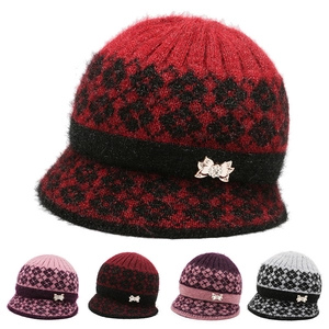 Womens Knitted Bucket Hat Winter Warm Fleece Lined Jacquard Floral Faux Fur Rhinestone Bow For Grandma Mom