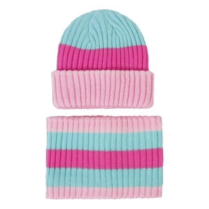 Blue and pink striped knitted beanie hat and neck warmer scarf set for children
