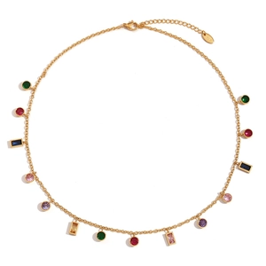 18K gold plated stainless steel necklace with round and rectangular colorful zircons