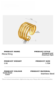 Macro view of adjustable 5-layer 18K gold plated stainless steel ring with dimensions