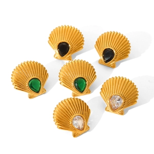 18K gold plated stainless steel scallop earrings with zircon in black, green, and white