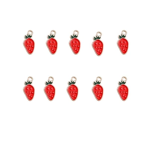 Macro view of 10 red strawberry charms with green leaves and gold rings for DIY jewelry
