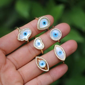 Evil Eye Open Adjustable Ring Gold Plated Copper Zircon Shell Hamsa Hand Heart Geometric Retro Ethnic Jewelry For Women