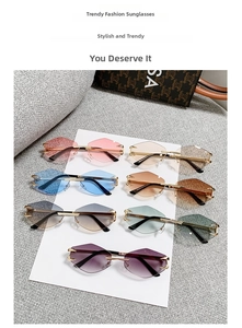 Detail of rimless hexagonal sunglasses featuring diamond-cut edges and metal temples