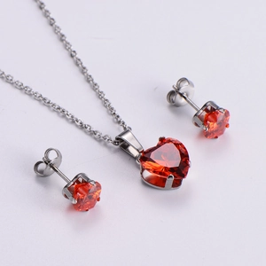 Silver jewelry set with red heart zircon pendant necklace and matching round stud earrings