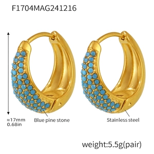 Detail view of 18K gold plated stainless steel hoops with turquoise and zircon inlays
