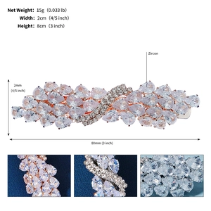 Detail view of rose gold zircon hair clip with dimensions 8cm by 2cm and weight 15g