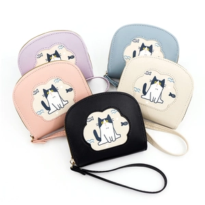 Cute cartoon cat wallets for women in black, pink, beige, light blue, and light purple