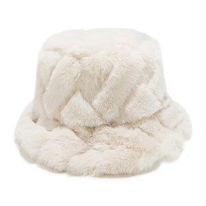 Bucket Hat Faux Rabbit Fur Plush Warm Winter Windproof Checkered Geometric Pattern For Women Fashion Casual Style
