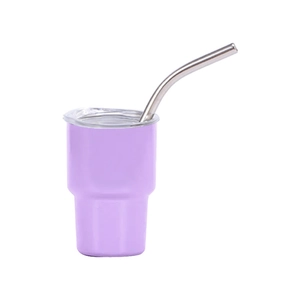 Purple 3oz stainless steel mini tumbler with curved metal straw and transparent lid