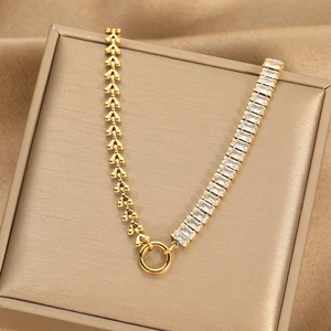 Luxury gold titanium necklace with asymmetrical zircon and heart chain design
