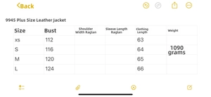 Size chart detail for oversized faux leather biker jacket with raglan sleeve measurements