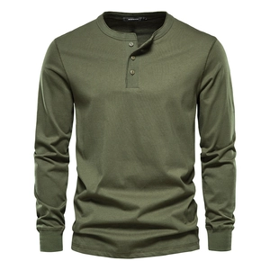 Detailed flat lay of army green long sleeve Henley T-shirt with premium cotton texture