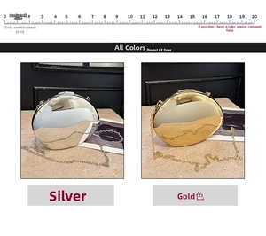 Detailed comparison of elegant gold and silver oval metal evening clutch bags with chains