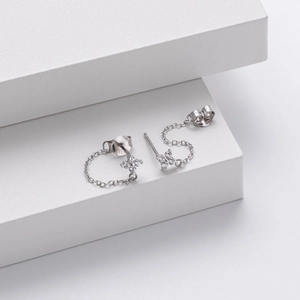 S925 sterling silver flower stud earrings with zircon tassels on geometric background