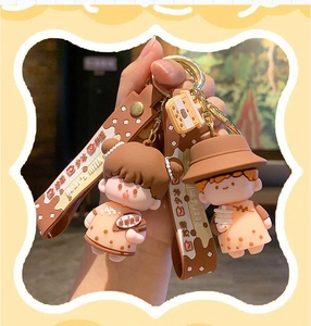 Close-up of couple milk tea keychain charms with soft rubber texture and lanyards