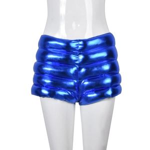 Macro view of metallic electric blue quilted shorts with glossy finish and high stretch