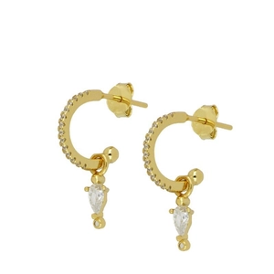 Golden C-shaped hoop earrings with small round zircons and pear-shaped drops on white background
