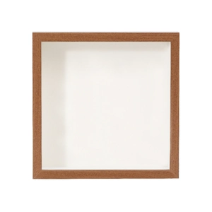 Macro detail of square wooden shadow box frame showing natural grain and depth
