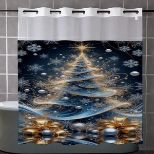 Detail of Christmas shower curtain with navy blue festive patterns and hanging rings