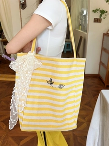 Striped canvas tote bag with large lace bow and summer embroidery for women