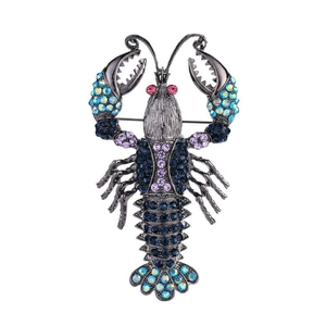 Sparkling lobster brooch with multicolored rhinestones and vintage silver finish